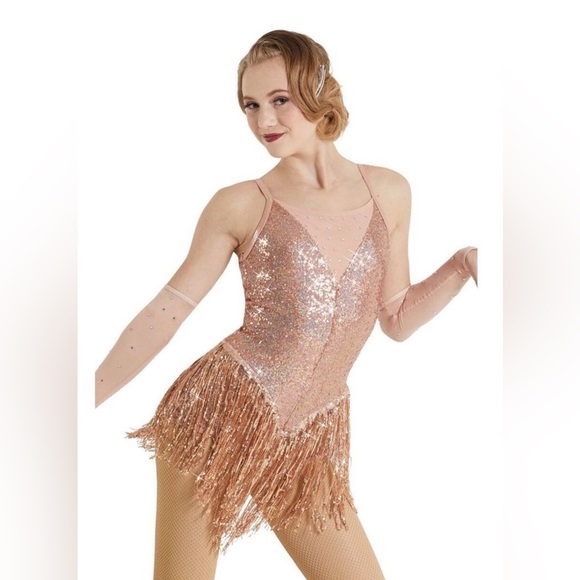 Weissman Rose Gold Jazz Sequins Fringe Skirt Dress Leotard Dance Costume NEW - Picture 1 of 15